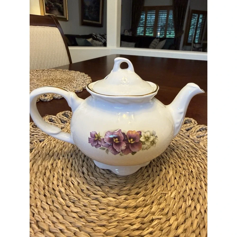 Vintage Arthur Wood Teapot 6496 Purple Floral Gold Trim England 6 Cup